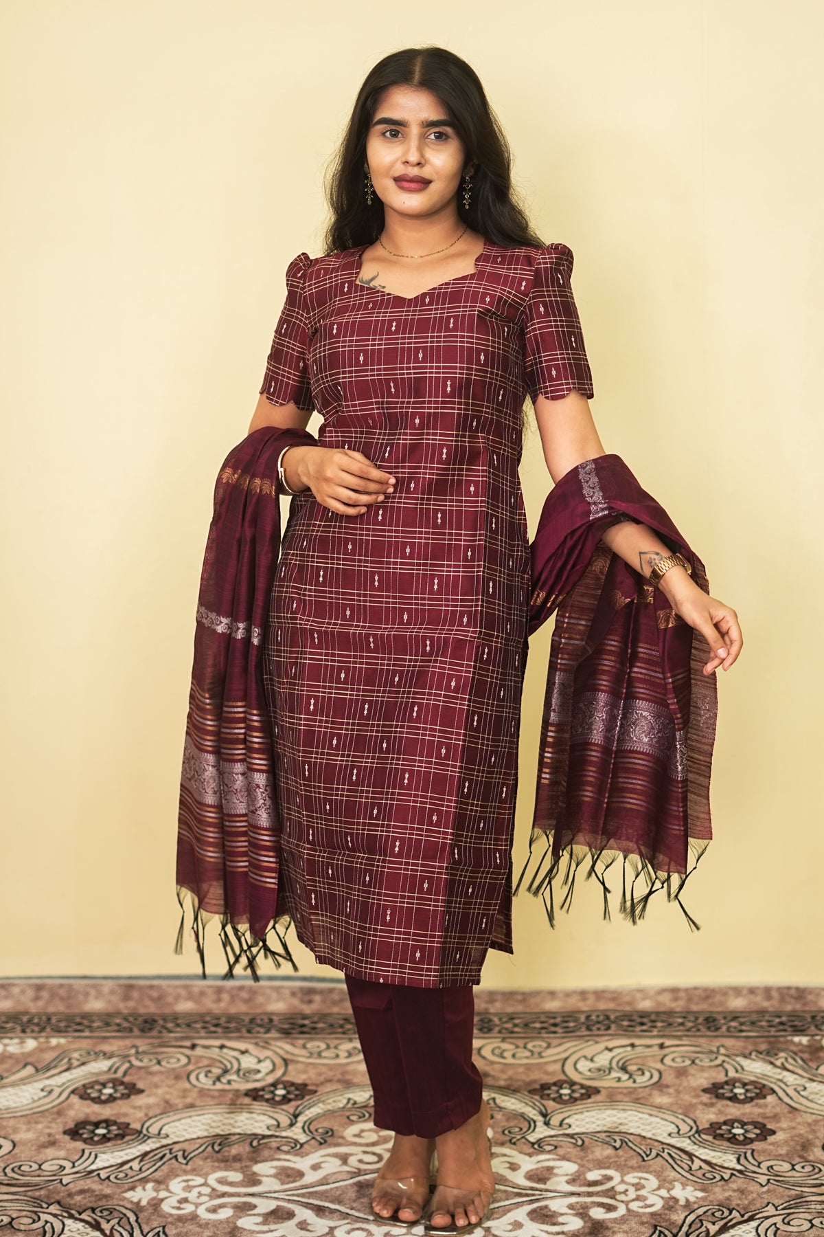 Maroon Checks Cotton Salwar Suit with Elegant Dupatta Set | G - 018