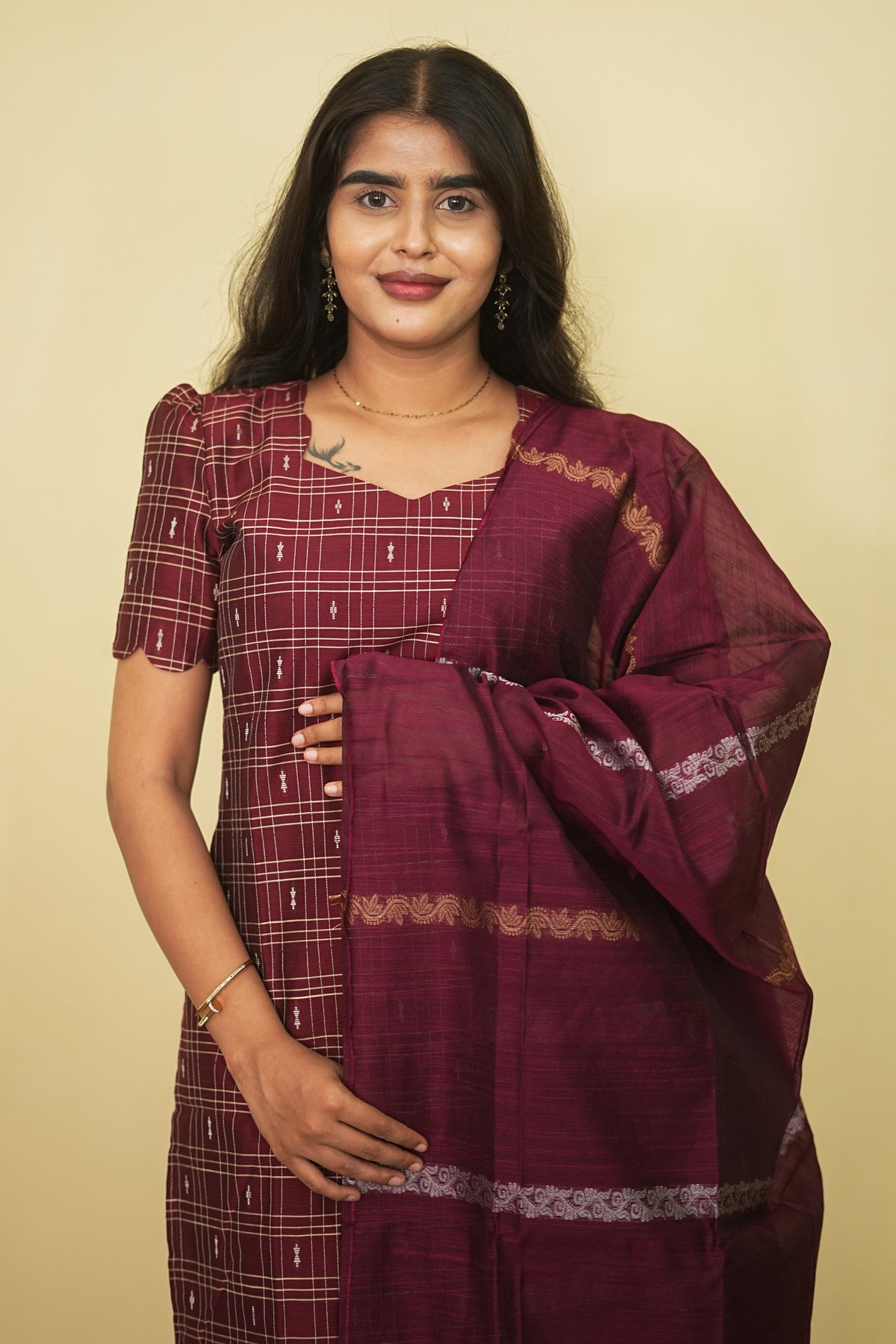 Maroon Checks Cotton Salwar Suit with Elegant Dupatta Set | G - 018