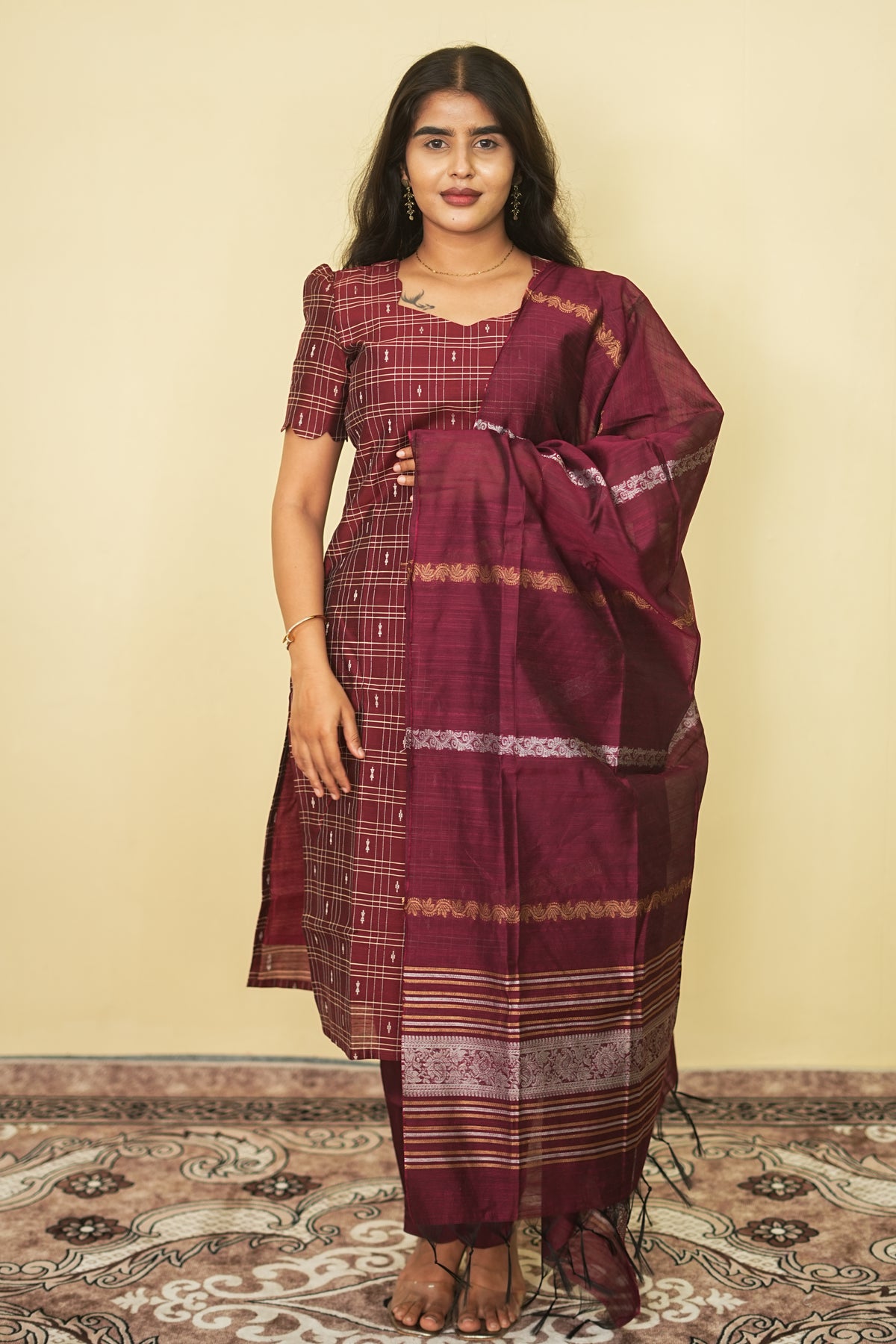 Maroon Checks Cotton Salwar Suit with Elegant Dupatta Set | G - 018
