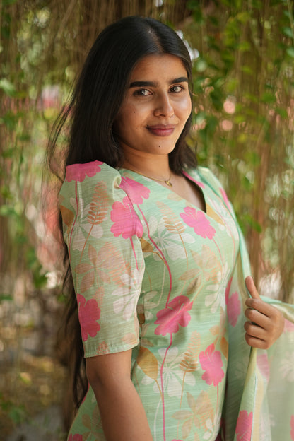 Mint Green Blossom Floral Printed Kurta Set with Dupatta | LCTM 039