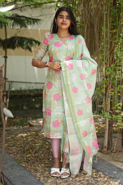 Mint Green Blossom Floral Printed Kurta Set with Dupatta | LCTM 039