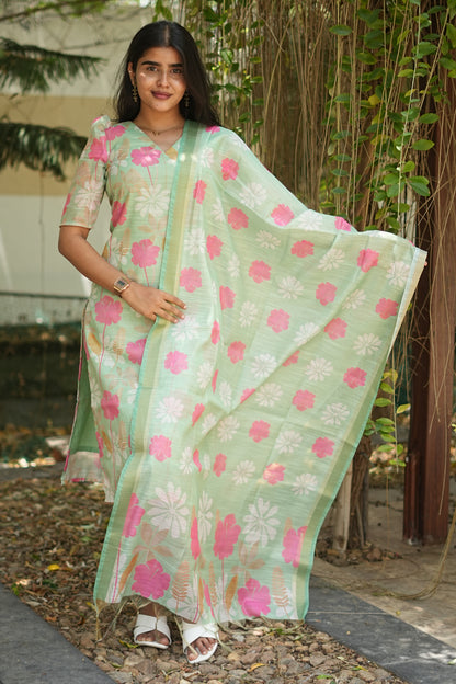 Mint Green Blossom Floral Printed Kurta Set with Dupatta | LCTM 039