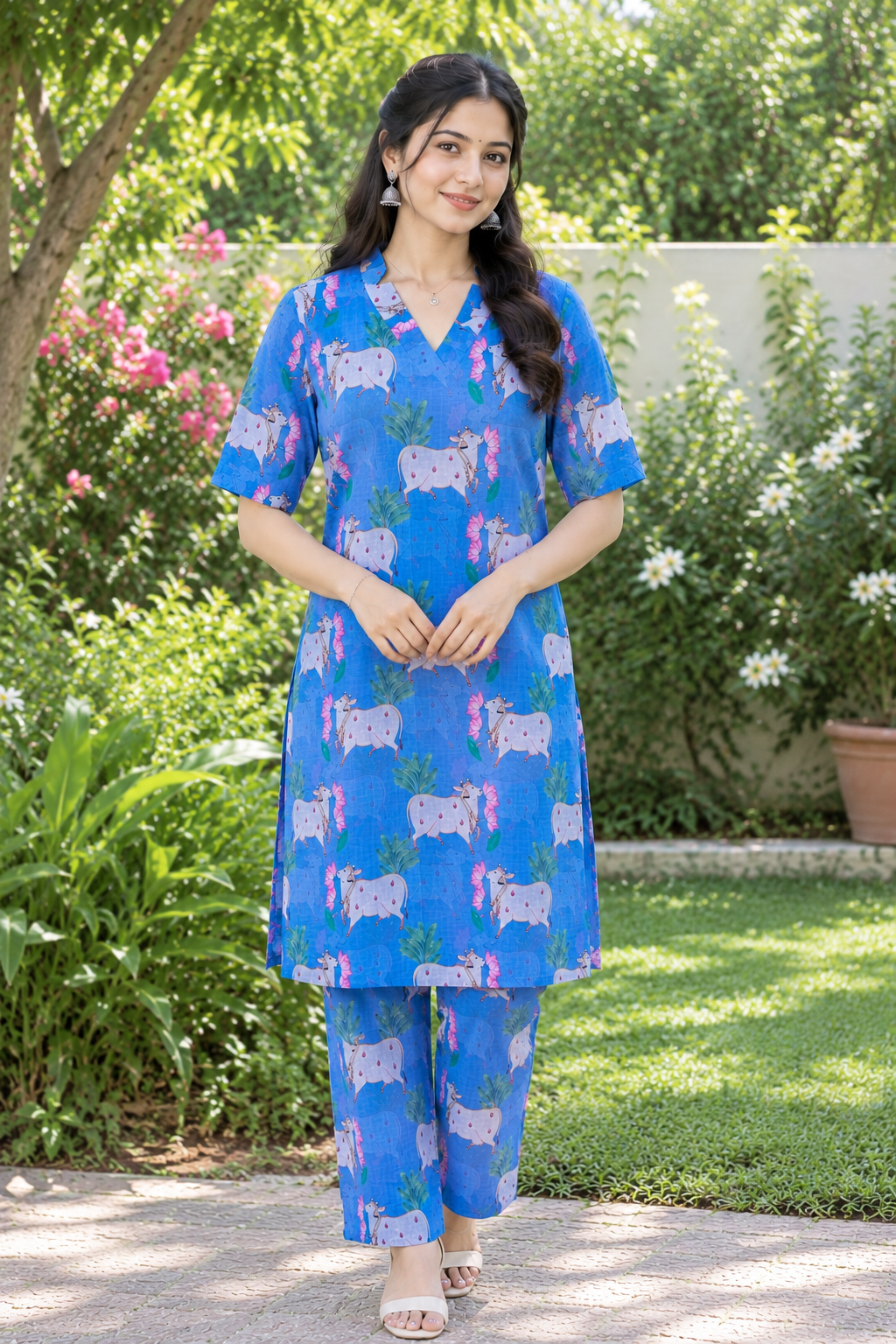 Blue Pichwai Cow Print Co-ord Set | D-008