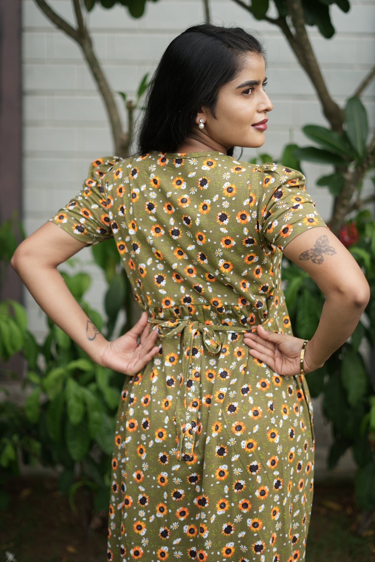 Capri Feeding Wear with Puff Sleeve Green Sunflower