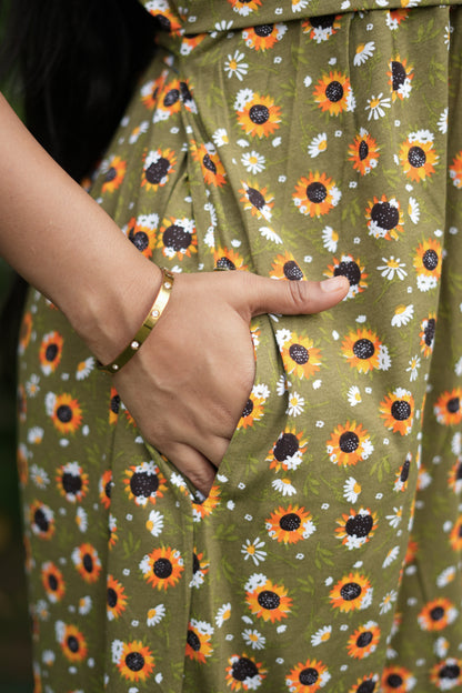 Capri Feeding Wear with Puff Sleeve Green Sunflower