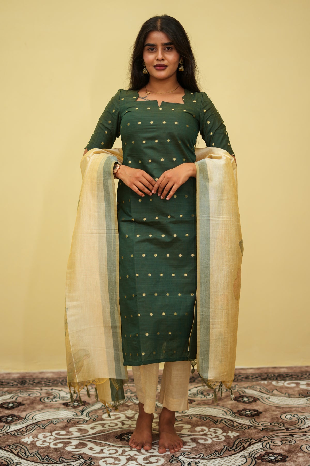 Olive Mose Zari Floral Ethnic - 3 pcs Kurta Set | G - 002