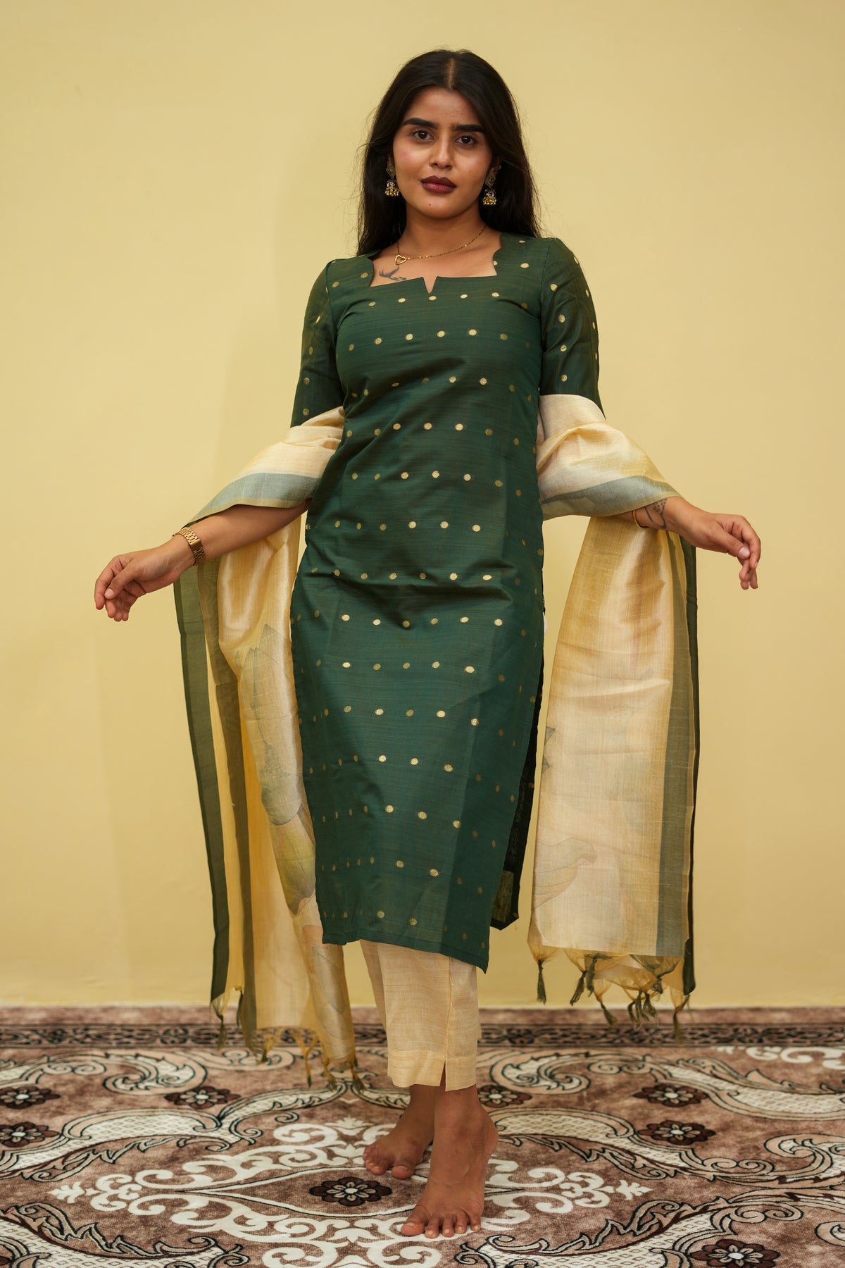 Olive Mose Zari Floral Ethnic - 3 pcs Kurta Set | G - 002