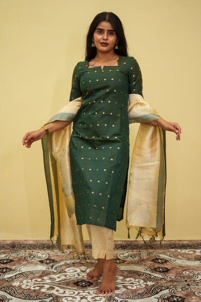 Olive Mose Zari Floral Ethnic - 3 pcs Kurta Set | G - 002