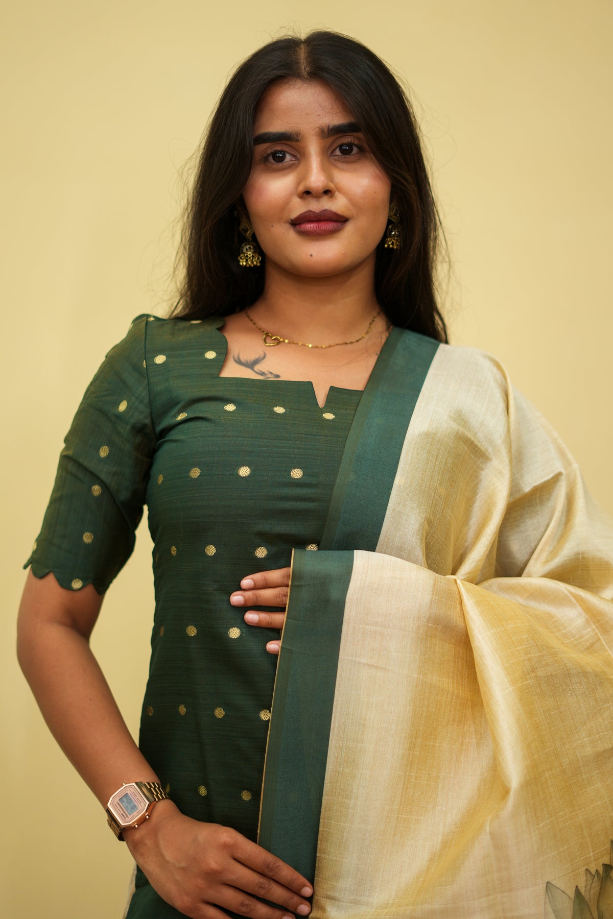 Olive Mose Zari Floral Ethnic - 3 pcs Kurta Set | G - 002