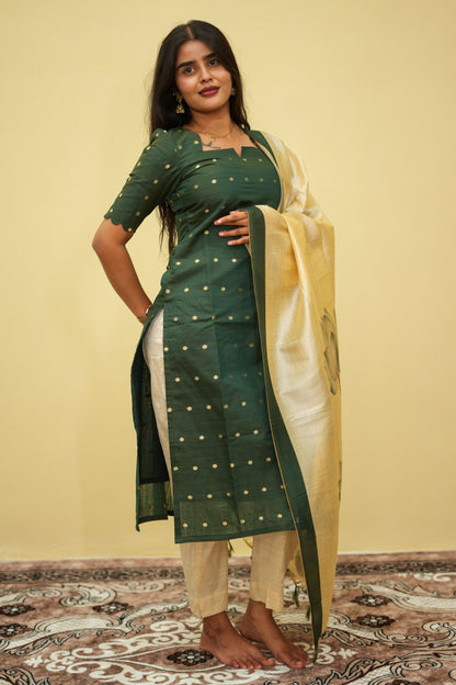Olive Mose Zari Floral Ethnic - 3 pcs Kurta Set | G - 002