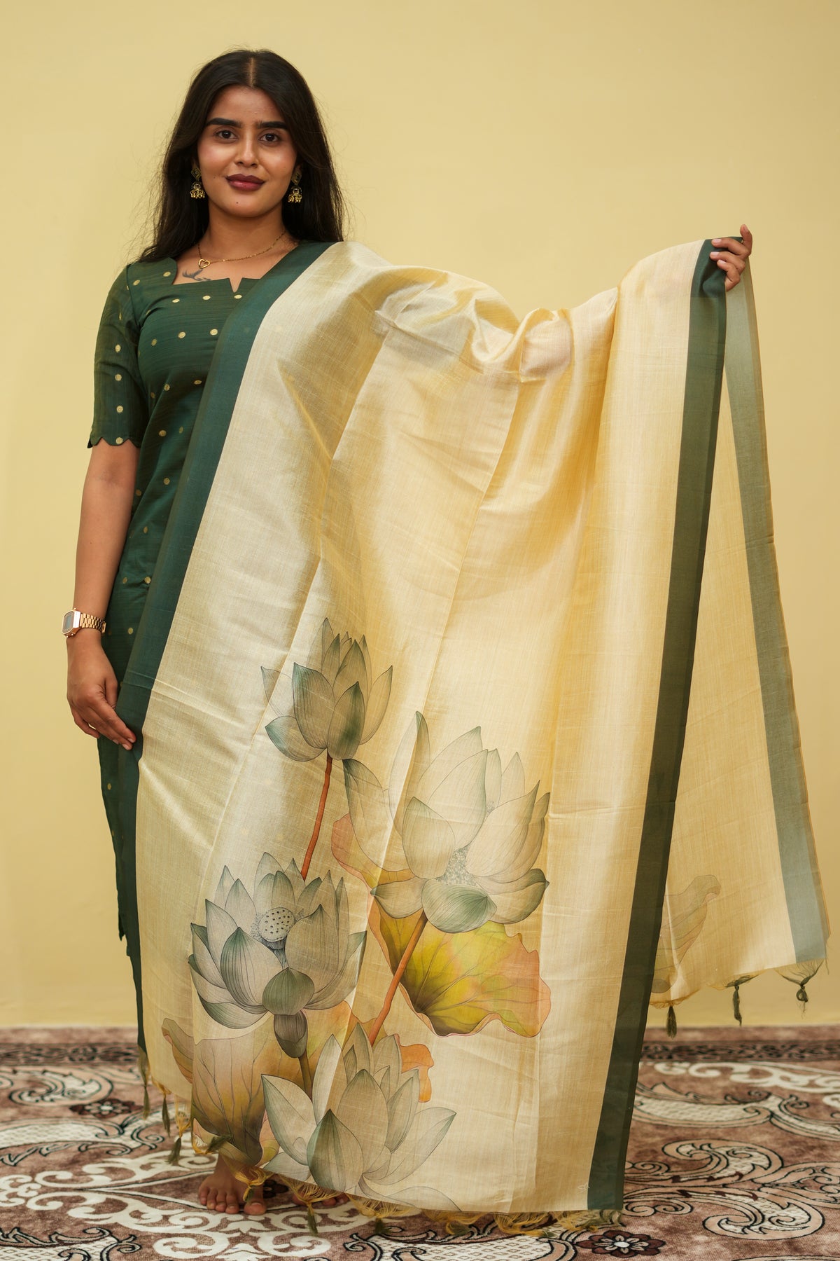 Olive Mose Zari Floral Ethnic - 3 pcs Kurta Set | G - 002