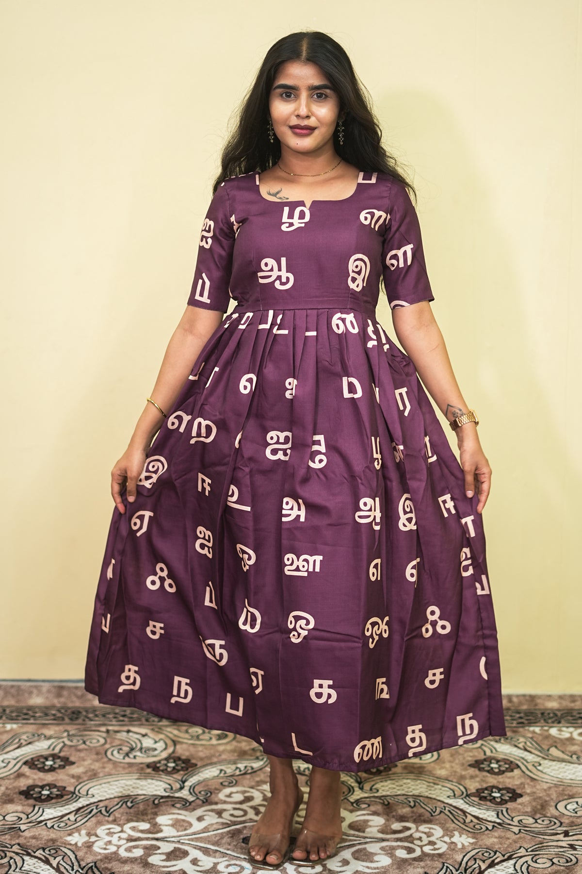 Tamil Script Elegance Maxi Dress | B - 014