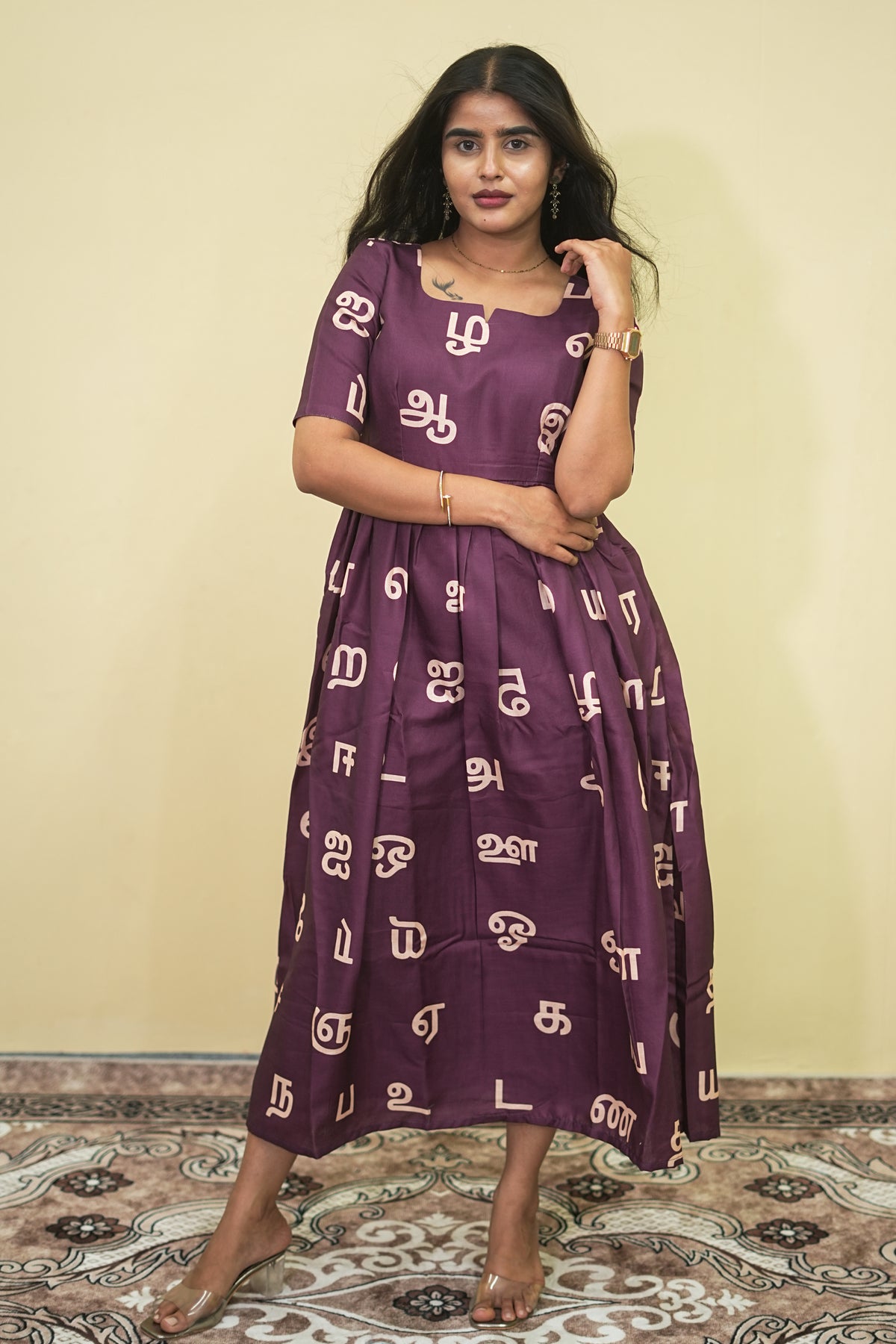 Tamil Script Elegance Maxi Dress | B - 014