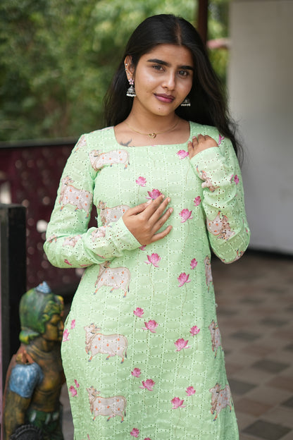 Mint Green Floral & Cow Print Cotton Kurti Top | LCTM 036