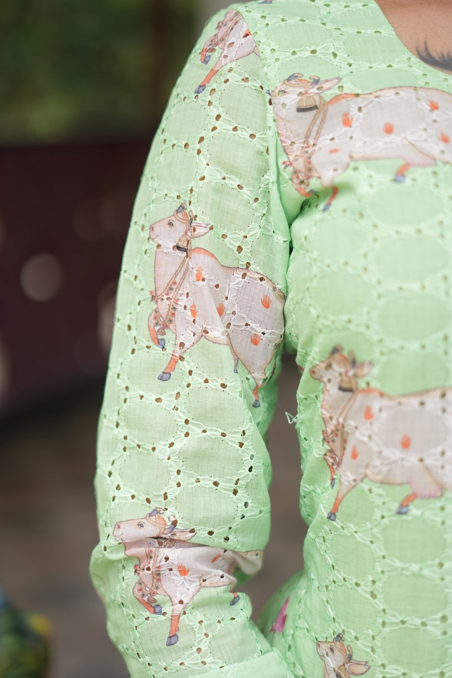 Mint Green Floral & Cow Print Cotton Kurti Top | LCTM 036