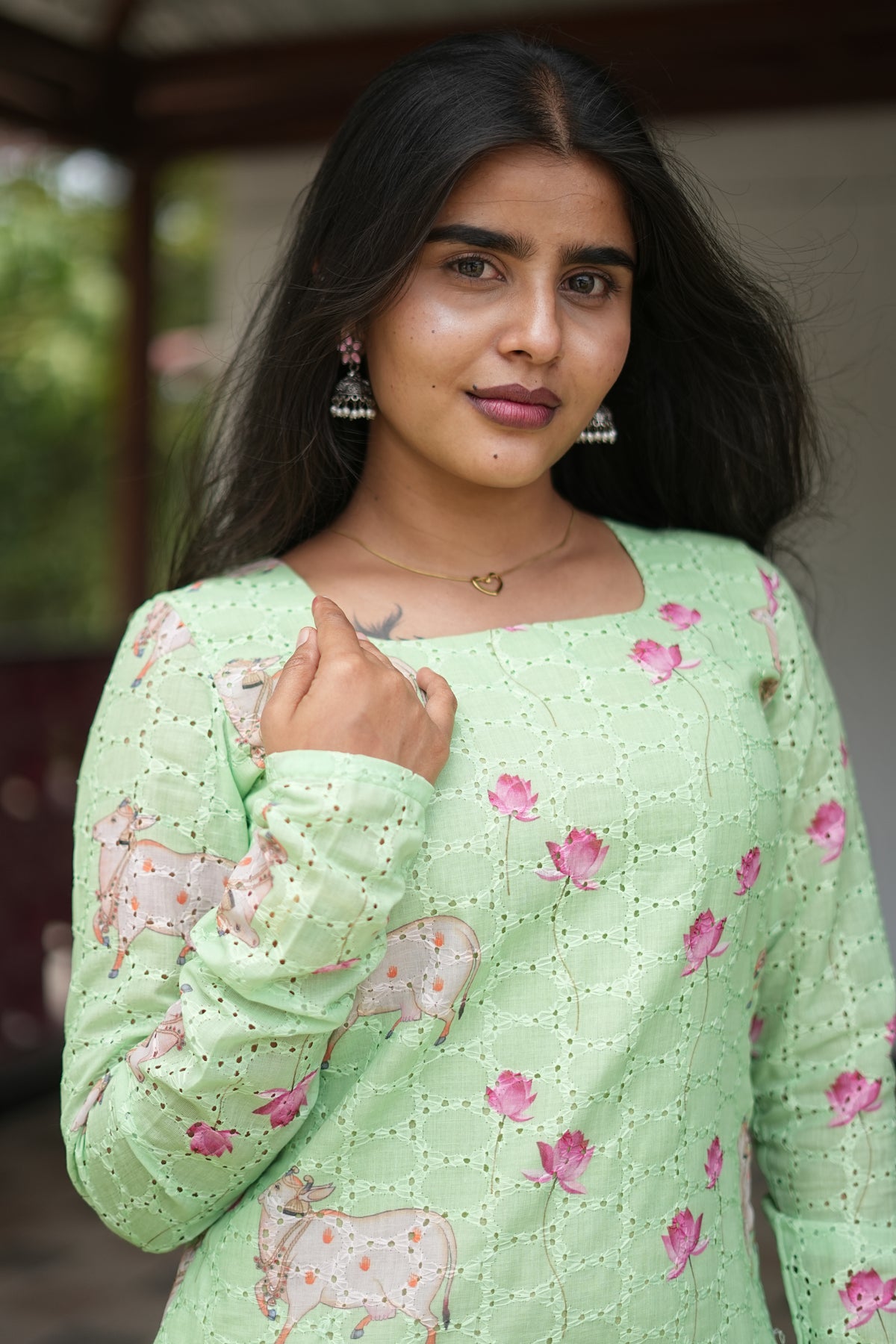 Mint Green Floral & Cow Print Cotton Kurti Top | TP 02