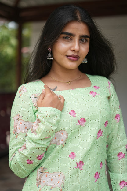 Mint Green Floral & Cow Print Cotton Kurti Top | LCTM 036