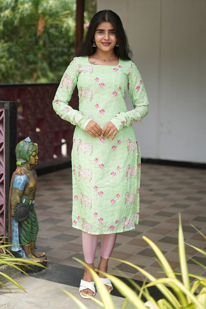 Mint Green Floral & Cow Print Cotton Kurti Top | LCTM 036