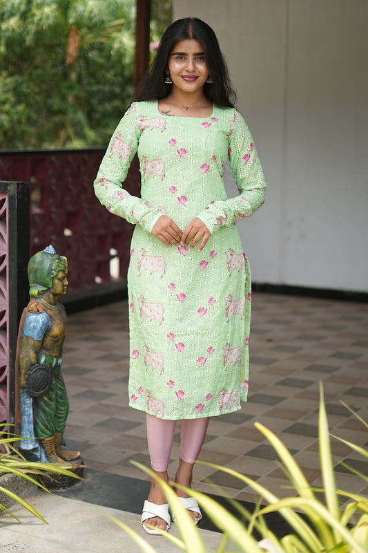 Mint Green Floral & Cow Print Cotton Kurti Top | LCTM 036