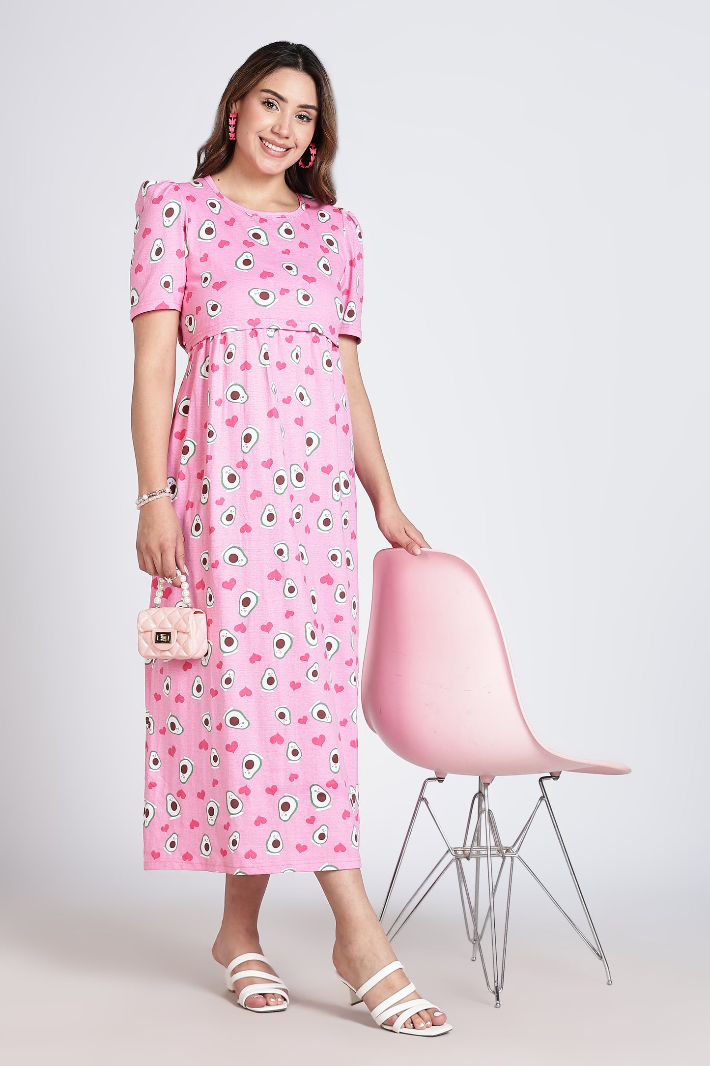 Zipless Feeding Maternity Gown- Puff sleeve 52 inches