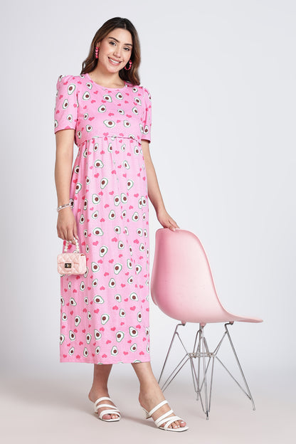 Zipless Feeding Maternity Gown- Puff sleeve 52 inches