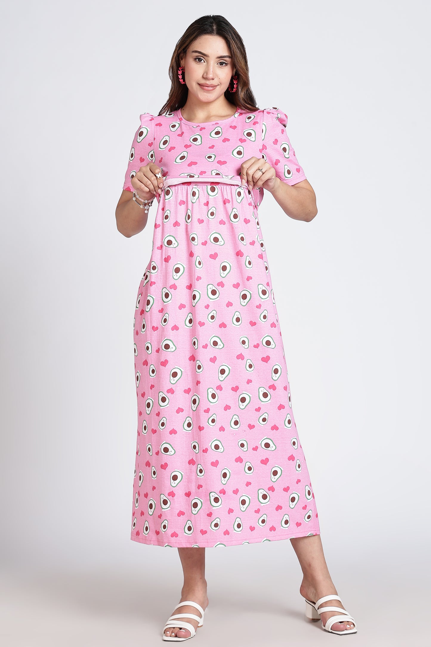 Zipless Feeding Maternity Gown- Puff sleeve 52 inches