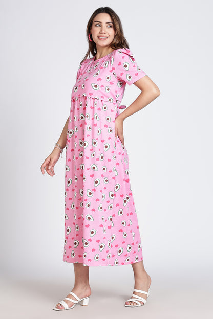 Zipless Feeding Maternity Gown- Puff sleeve 52 inches