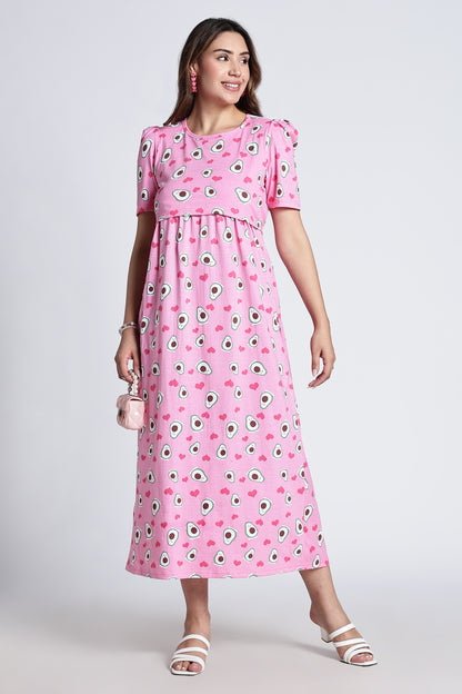 Zipless Feeding Maternity Gown- Puff sleeve 52 inches