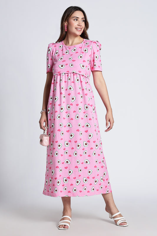 Zipless Feeding Maternity Gown- Puff sleeve 52 inches