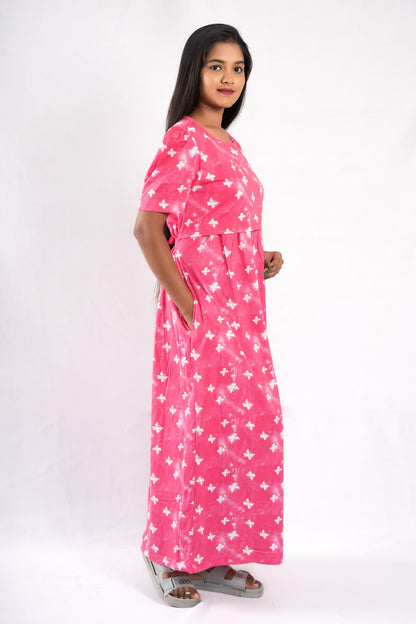 Zipless Feeding Maternity Butterfly Pink Gown - Puff sleeve 52 inches