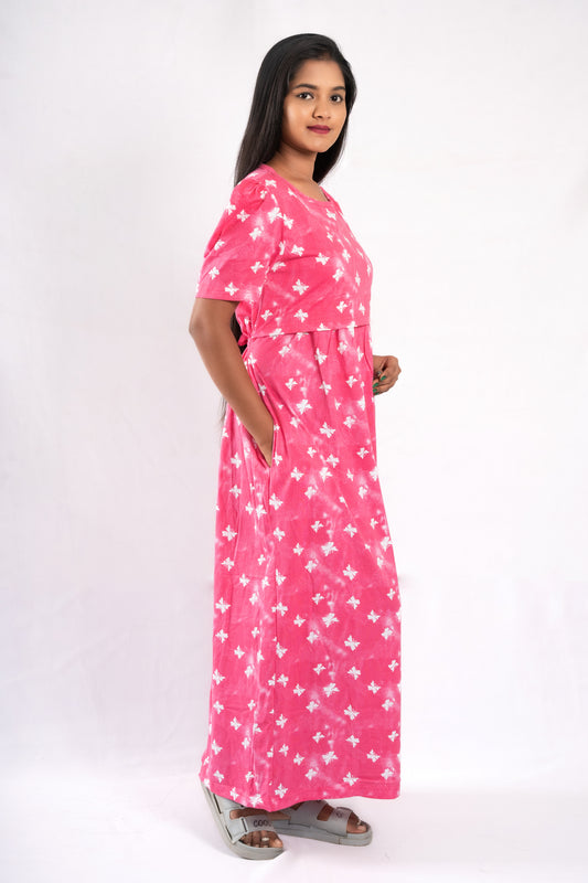 Zipless Feeding Maternity Butterfly Pink Gown - Puff sleeve 52 inches