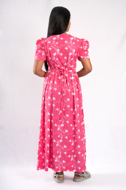 Zipless Feeding Maternity Butterfly Pink Gown - Puff sleeve 52 inches