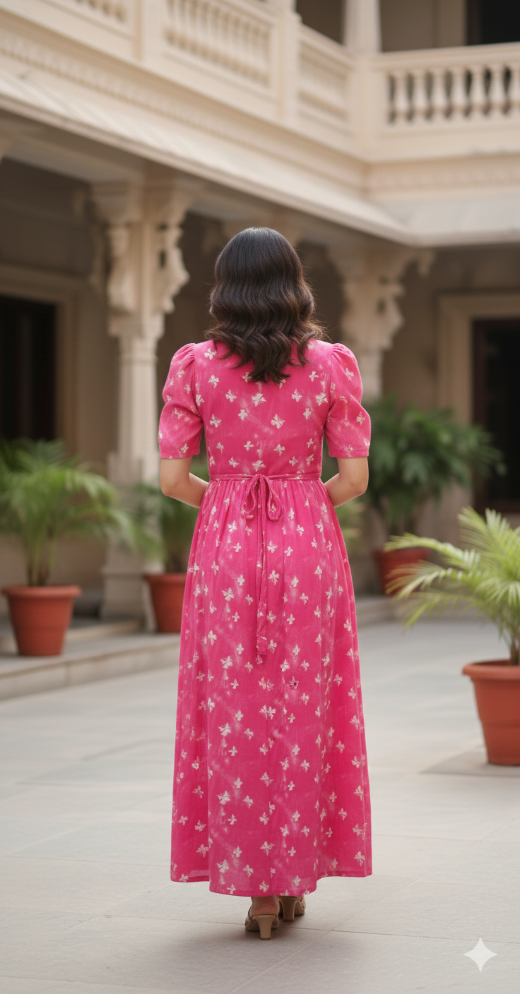 Zipless Feeding Maternity B Pink Gown - Puff sleeve 52 inches