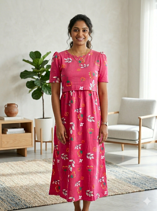 Capri Feeding Wear with Puff Sleeve fusia pink