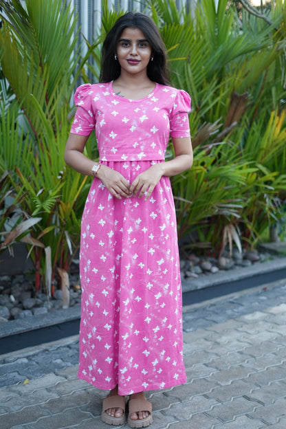 Zipless Feeding Maternity B Pink Gown - Puff sleeve 52 inches