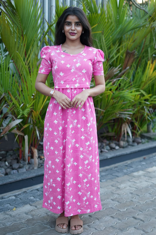 Zipless Feeding Maternity B Pink Gown - Puff sleeve 52 inches