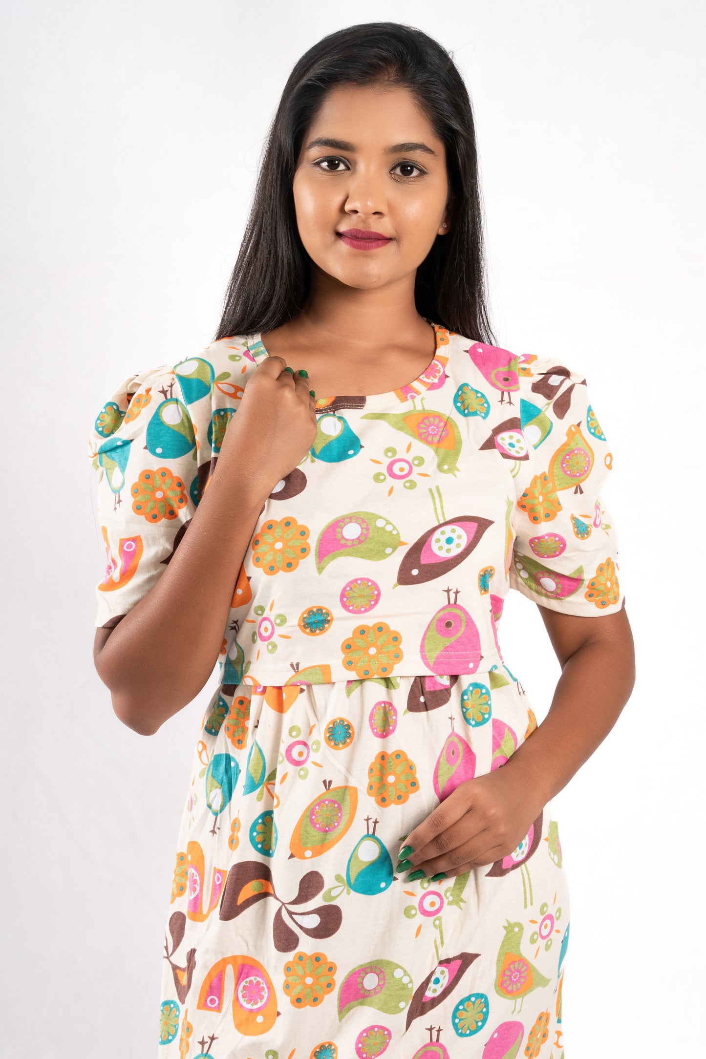 Zipless Feeding Maternity Gown- Puff sleeve 52 inches