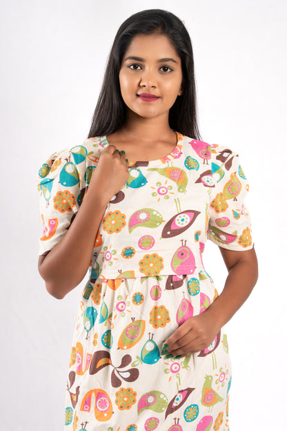 Zipless Feeding Maternity Gown- Puff sleeve 52 inches