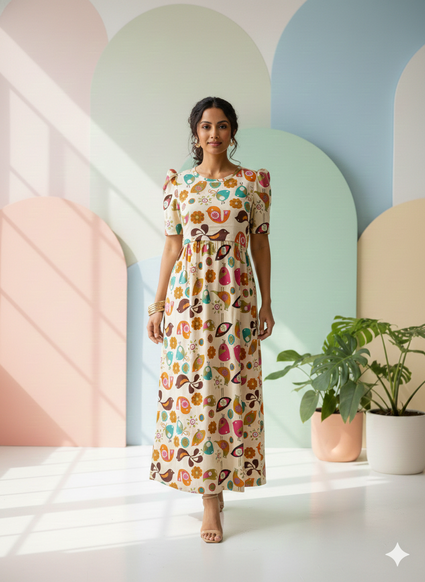 Zipless Feeding Maternity Gown Bird Sandal- Puff sleeve 52 inches