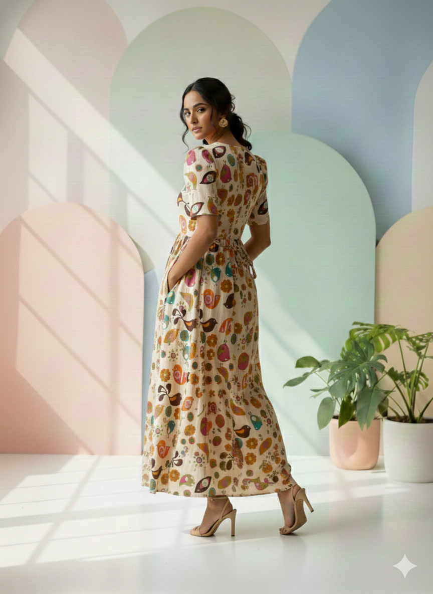 Zipless Feeding Maternity Gown Bird Sandal- Puff sleeve 52 inches