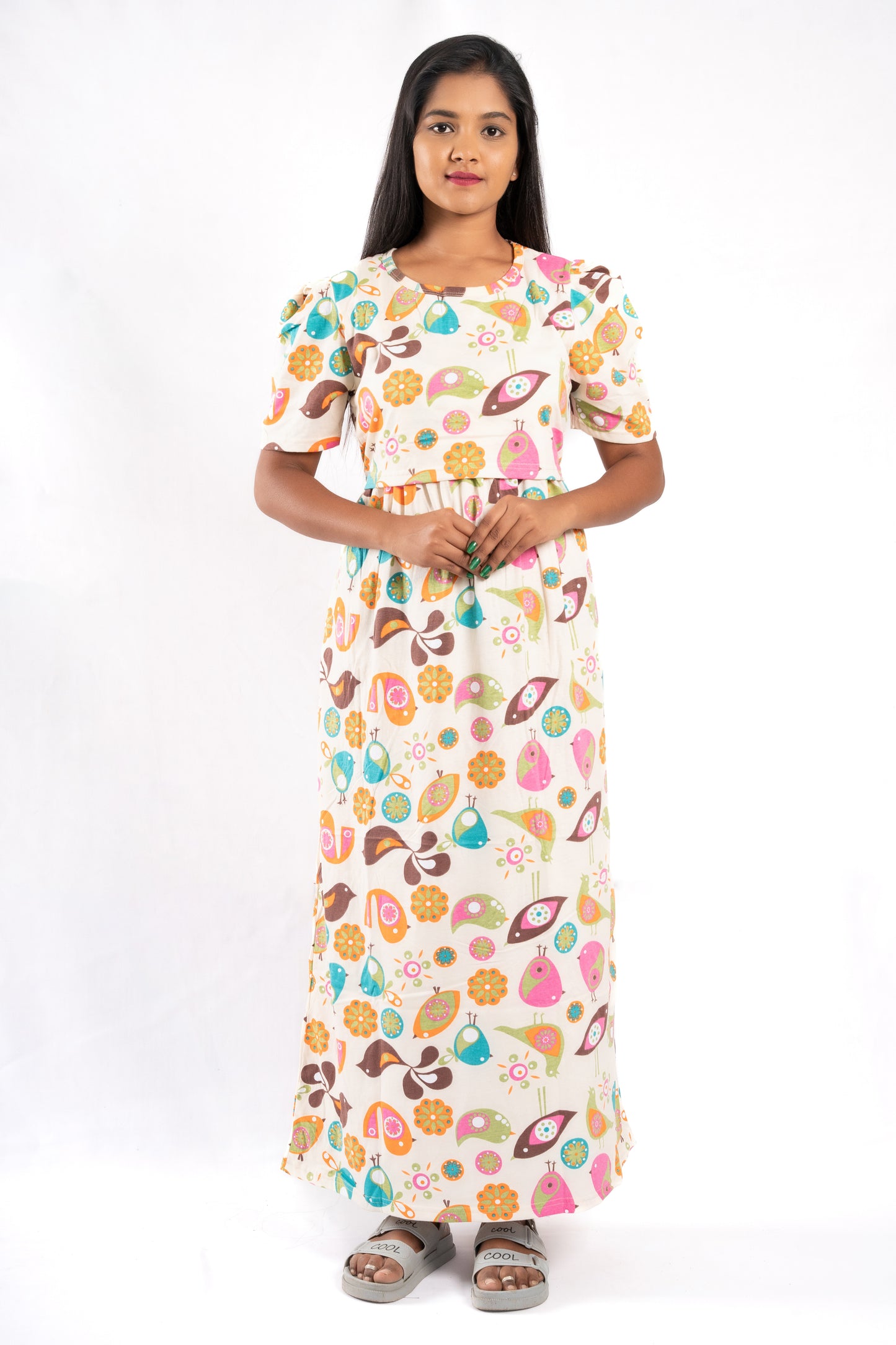 Zipless Feeding Maternity Gown- Puff sleeve 52 inches