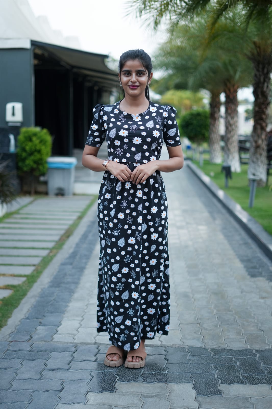 Zipless Feeding Maternity Gown Black Floral - Puff sleeve 52 inches