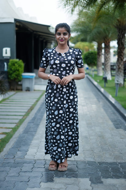 Zipless Feeding Maternity Gown Black Floral - Puff sleeve 52 inches