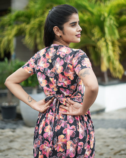 Women’s Printed Pink Petals & Black Brown Maxi Dress Combo