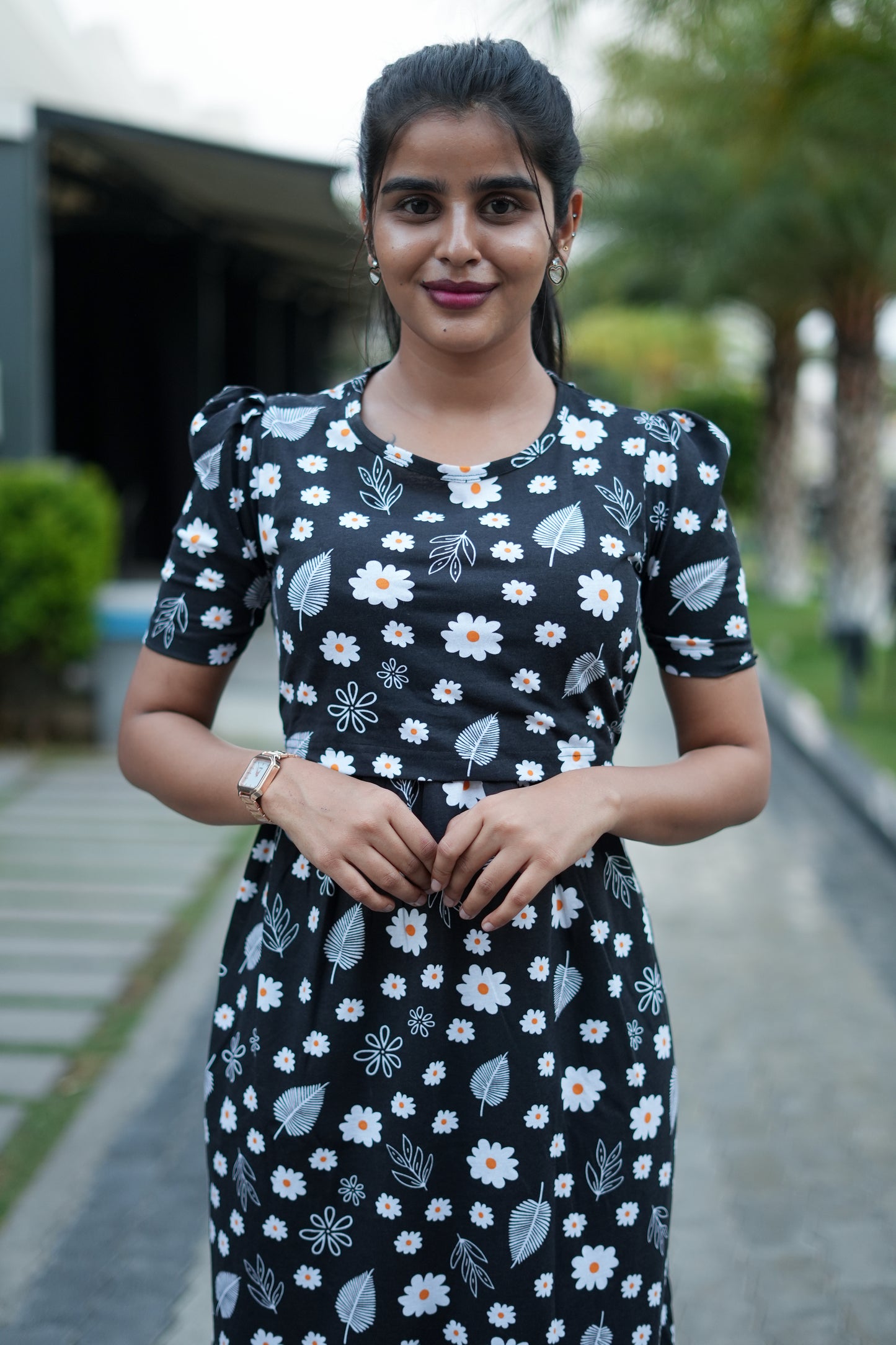 Zipless Feeding Maternity Gown Black Floral - Puff sleeve 52 inches