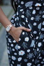 Zipless Feeding Maternity Gown Black Floral - Puff sleeve 52 inches