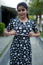 Zipless Feeding Maternity Gown Black Floral - Puff sleeve 52 inches