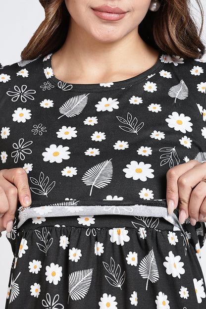 Zipless Feeding Maternity Gown- Puff sleeve 52 inches