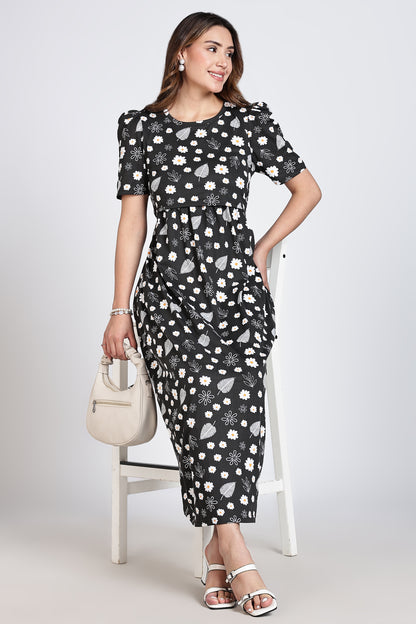 Zipless Feeding Maternity Gown- Puff sleeve 52 inches