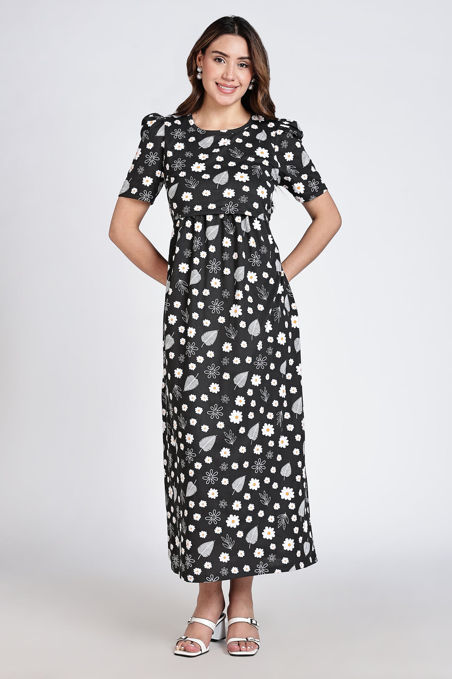 Zipless Feeding Maternity Gown- Puff sleeve 52 inches